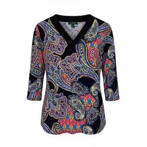 Lauren Ralph Lauren 3/4 Sleeve Paisley Knit Top Womens Size 1X Cotton Linen Boho